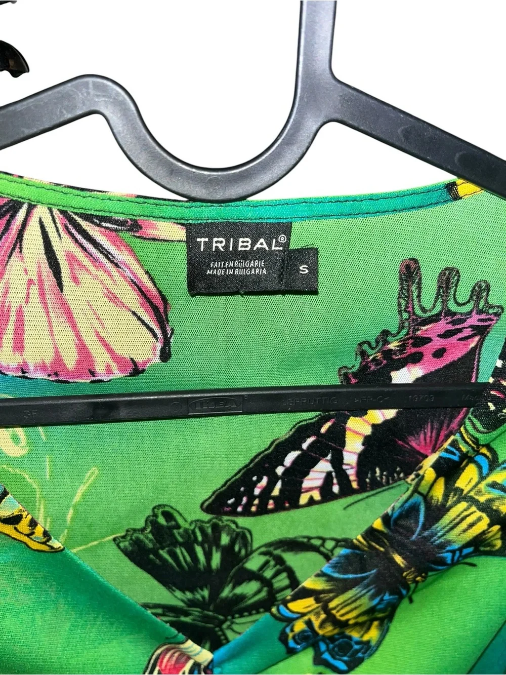 Vintage Y2K Tribal Green Mesh Butterfly V-Neck Gather 3/4 Sleeve Top Size S - Picture 2 of 4